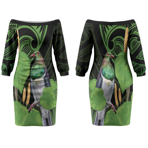 Kawakawa Rongoa Maori Kereru New Zealand Family Matching Off The Shoulder Long Sleeve Dress and Hawaiian Shirt