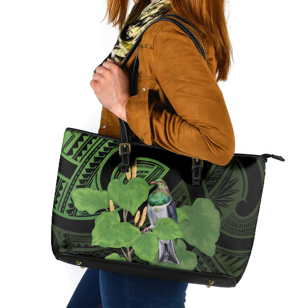 Kawakawa Rongoa Maori Kereru New Zealand Leather Tote Bag
