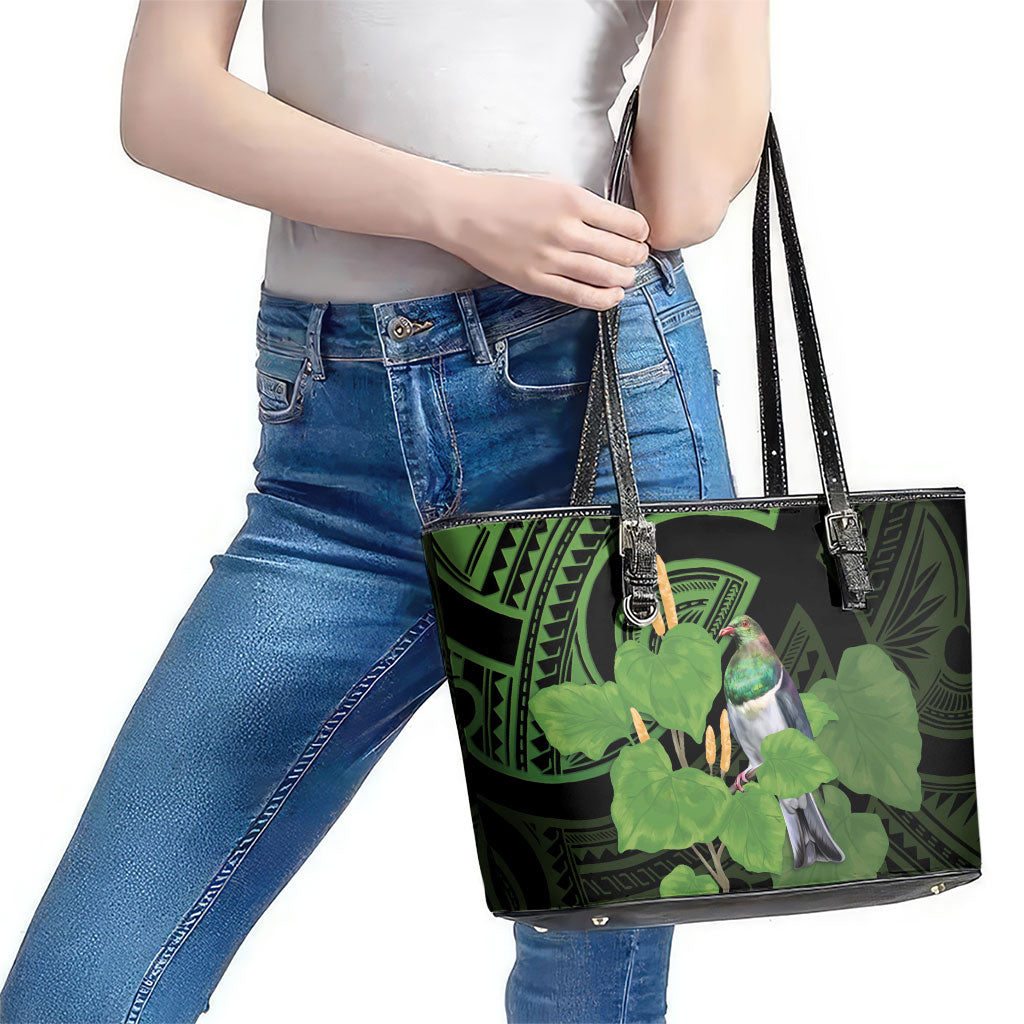 Kawakawa Rongoa Maori Kereru New Zealand Leather Tote Bag