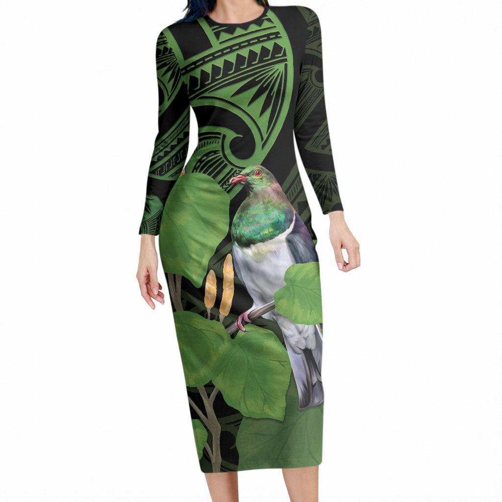 Kawakawa Rongoa Maori Kereru New Zealand Long Sleeve Bodycon Dress