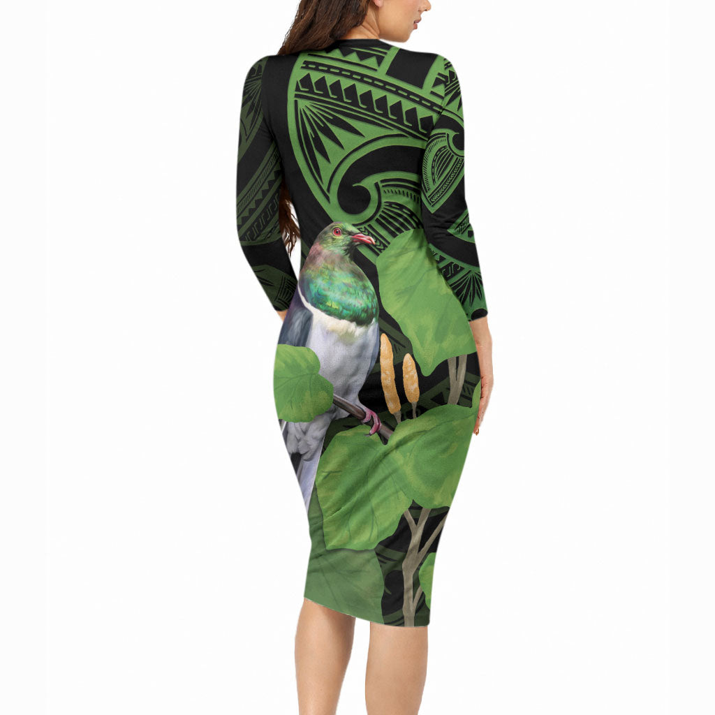 Kawakawa Rongoa Maori Kereru New Zealand Long Sleeve Bodycon Dress