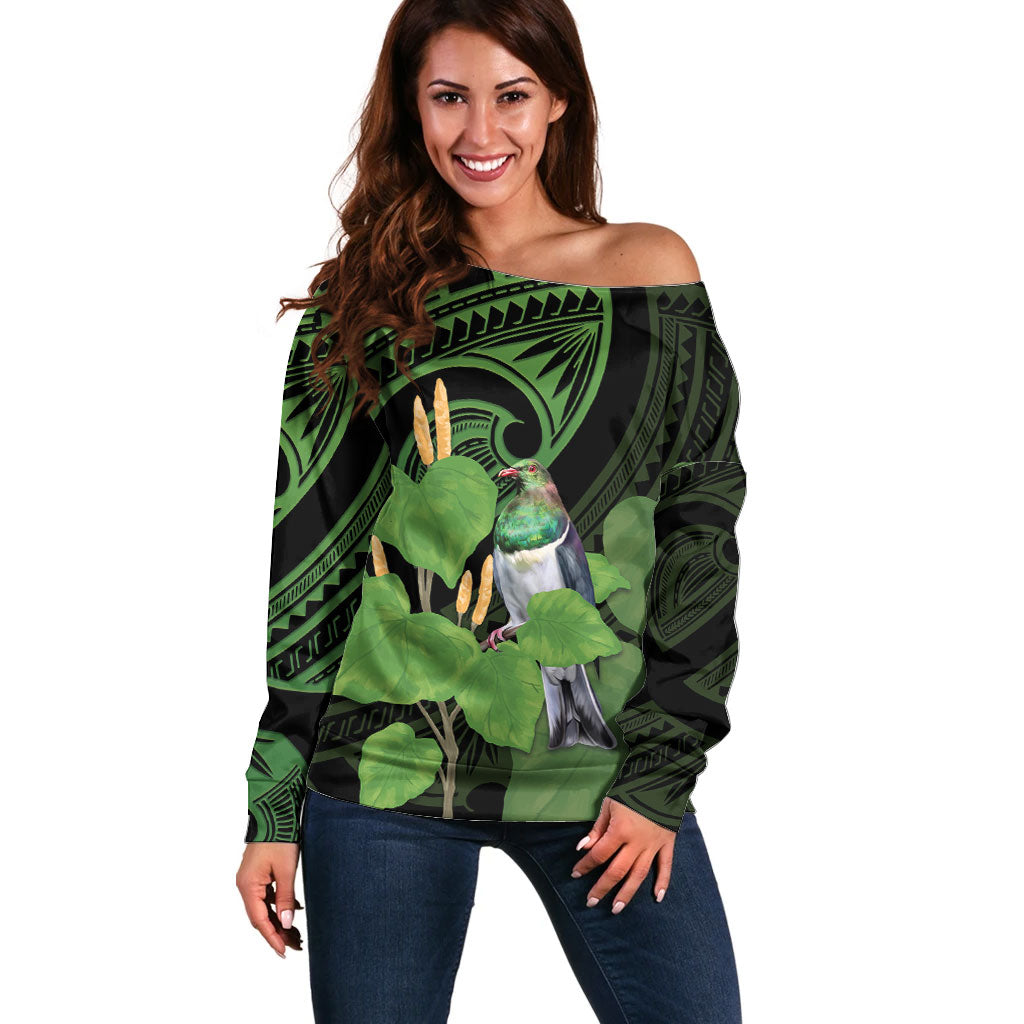 Kawakawa Rongoa Maori Kereru New Zealand Off Shoulder Sweater