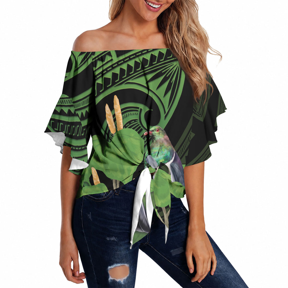 Kawakawa Rongoa Maori Kereru New Zealand Off Shoulder Wrap Waist Top