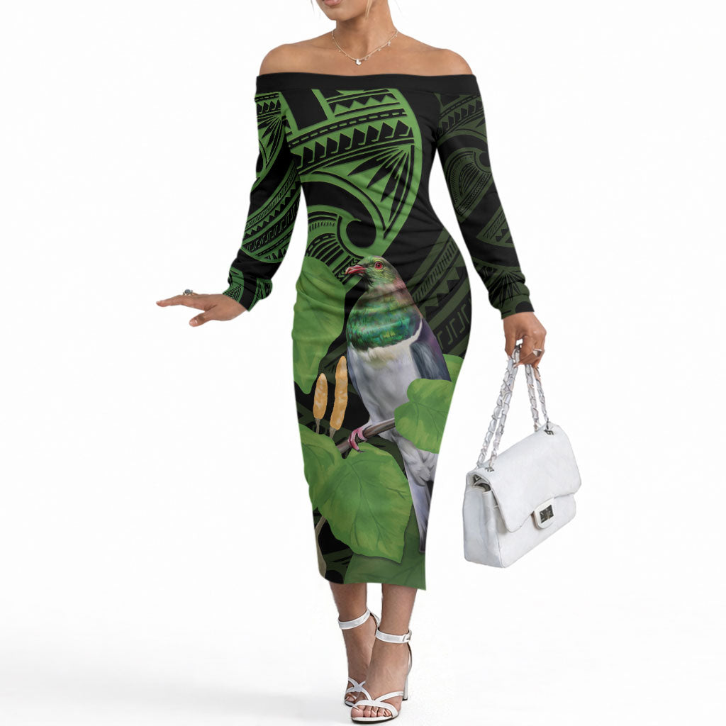 Kawakawa Rongoa Maori Kereru New Zealand Off The Shoulder Long Sleeve Dress