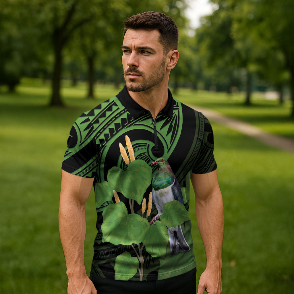 Kawakawa Rongoa Maori Kereru New Zealand Zipper Polo Shirt