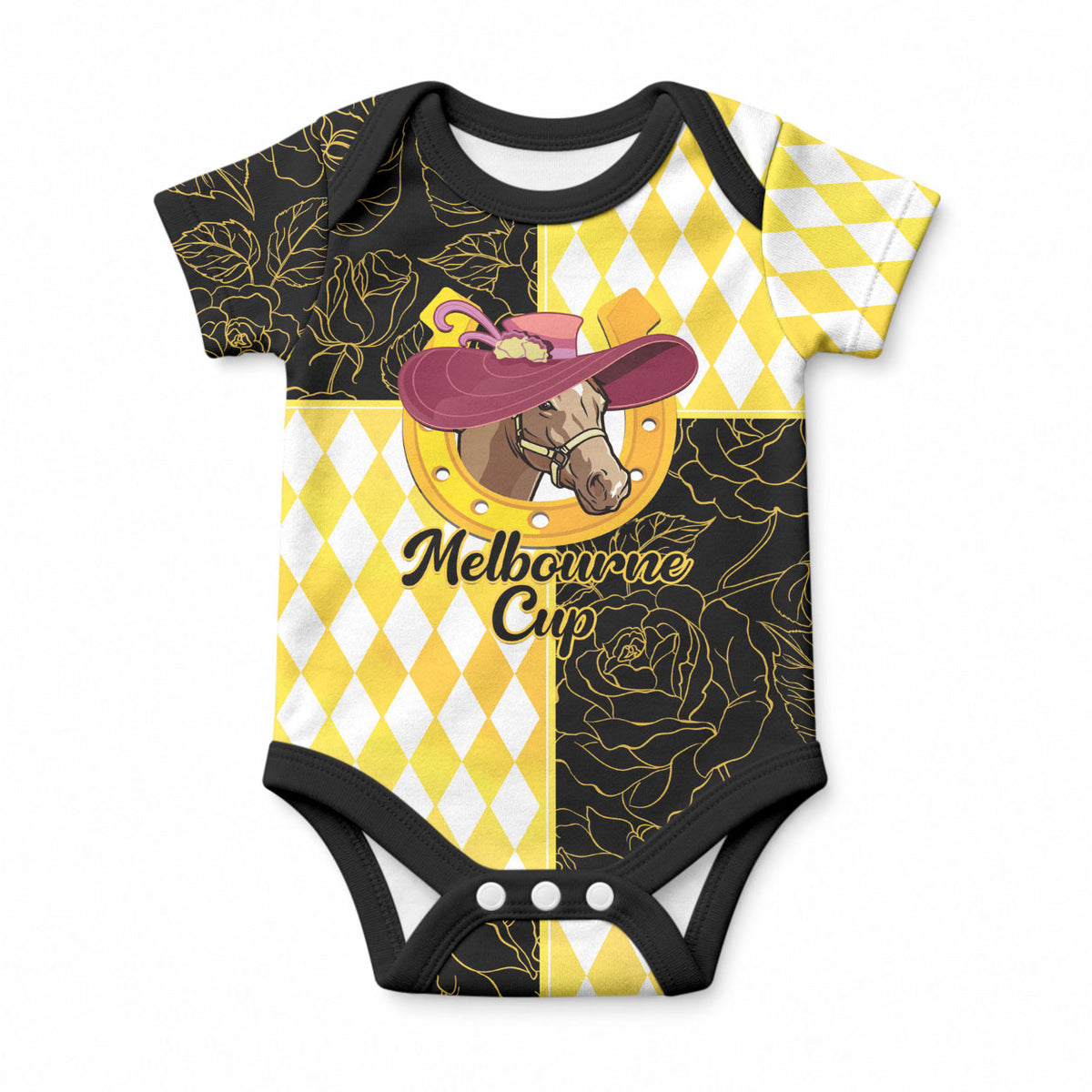Personalised Melbourne Cup Australia Baby Onesie Diamond Horse Racing Silks Inspired Yellow