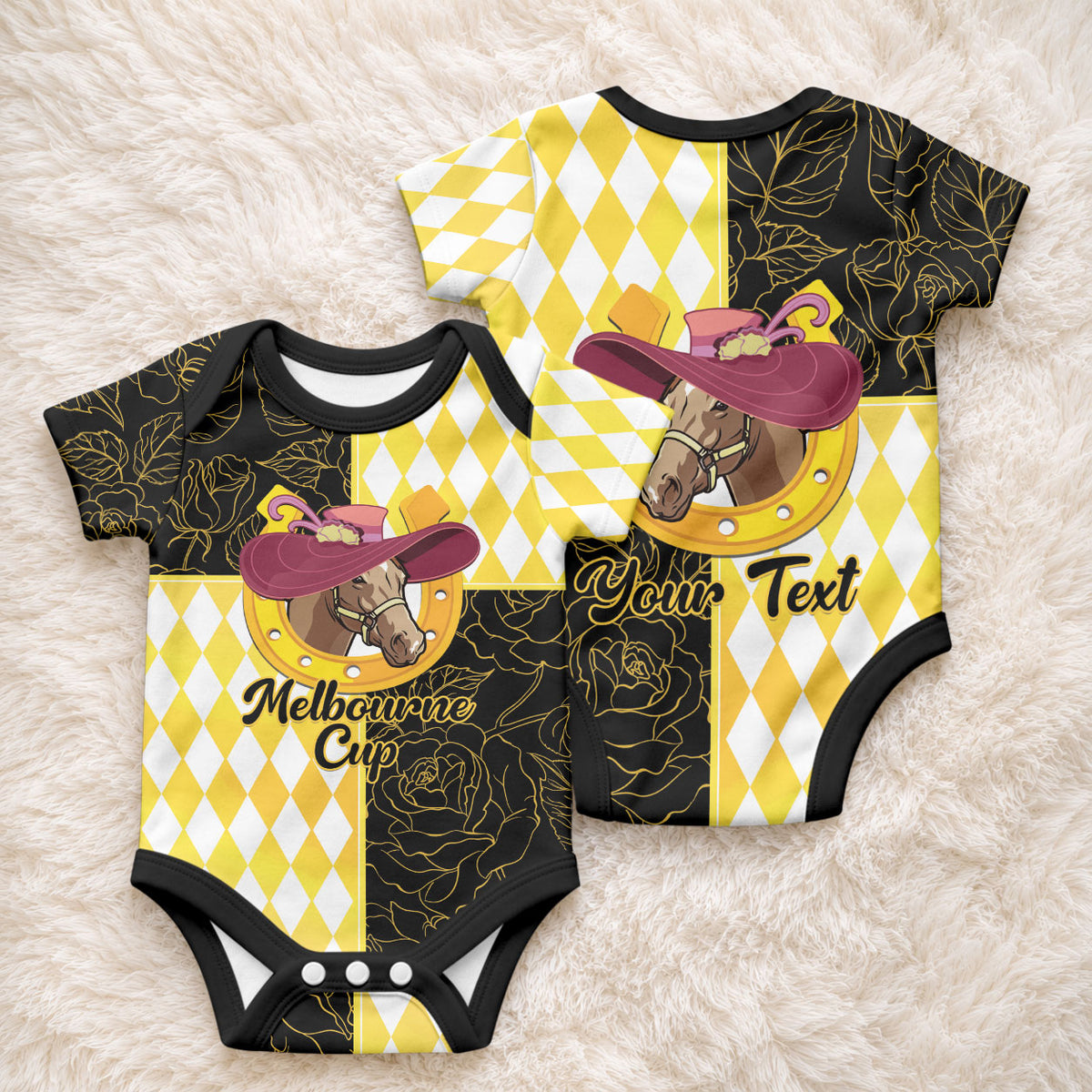 Personalised Melbourne Cup Australia Baby Onesie Diamond Horse Racing Silks Inspired Yellow