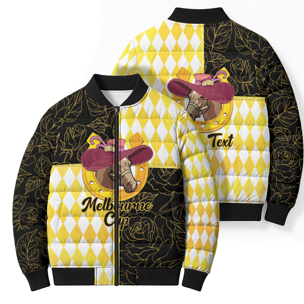 Personalised Melbourne Cup Australia Bomber Puffer Jacket Diamond Horse Racing Silks Inspired Yellow
