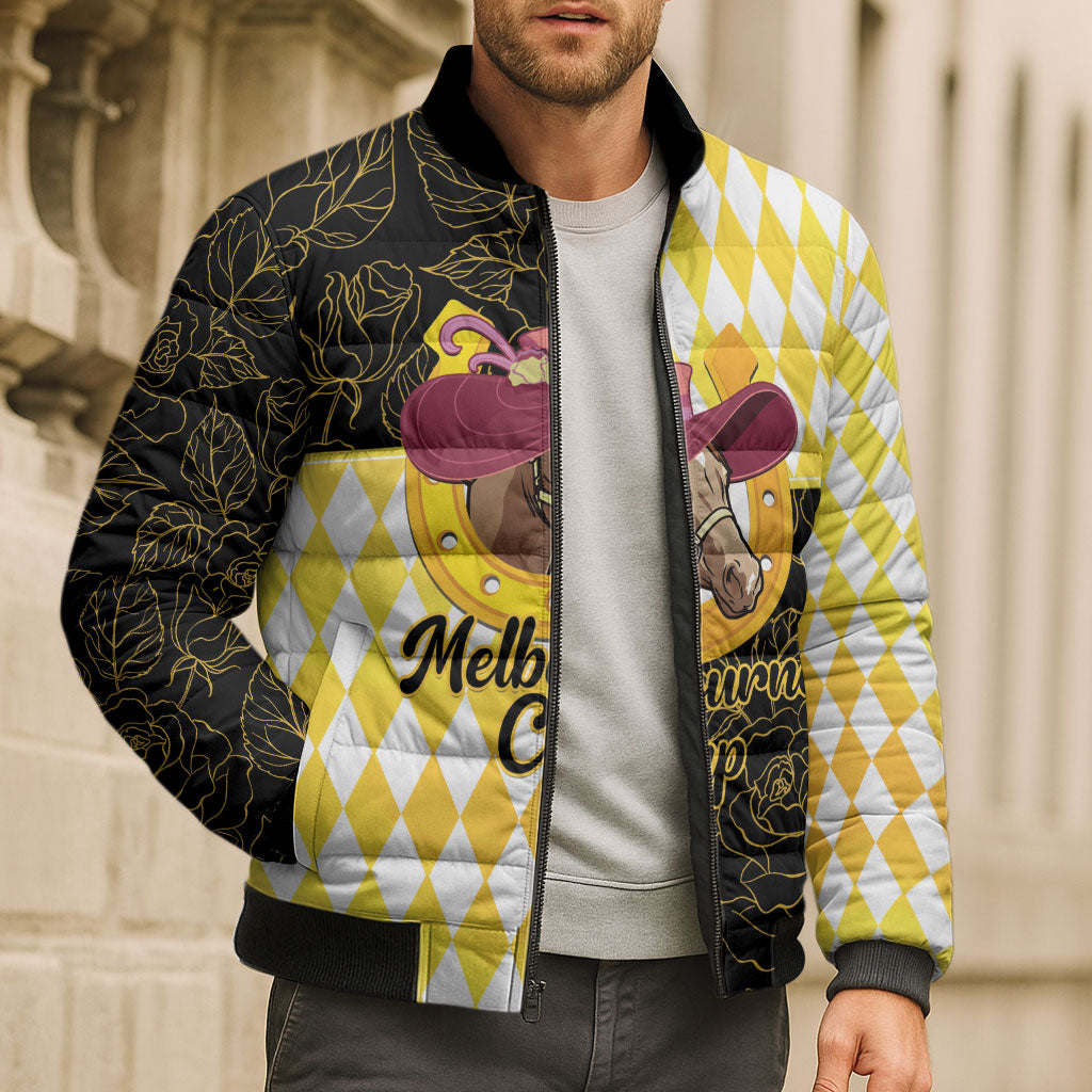 Personalised Melbourne Cup Australia Bomber Puffer Jacket Diamond Horse Racing Silks Inspired Yellow