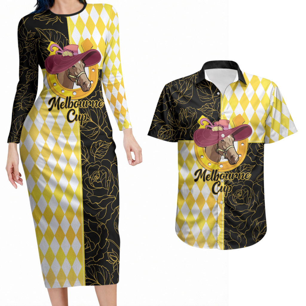Personalised Melbourne Cup Australia Couples Matching Long Sleeve Bodycon Dress and Hawaiian Shirt Diamond Horse Racing Silks Inspired Yellow