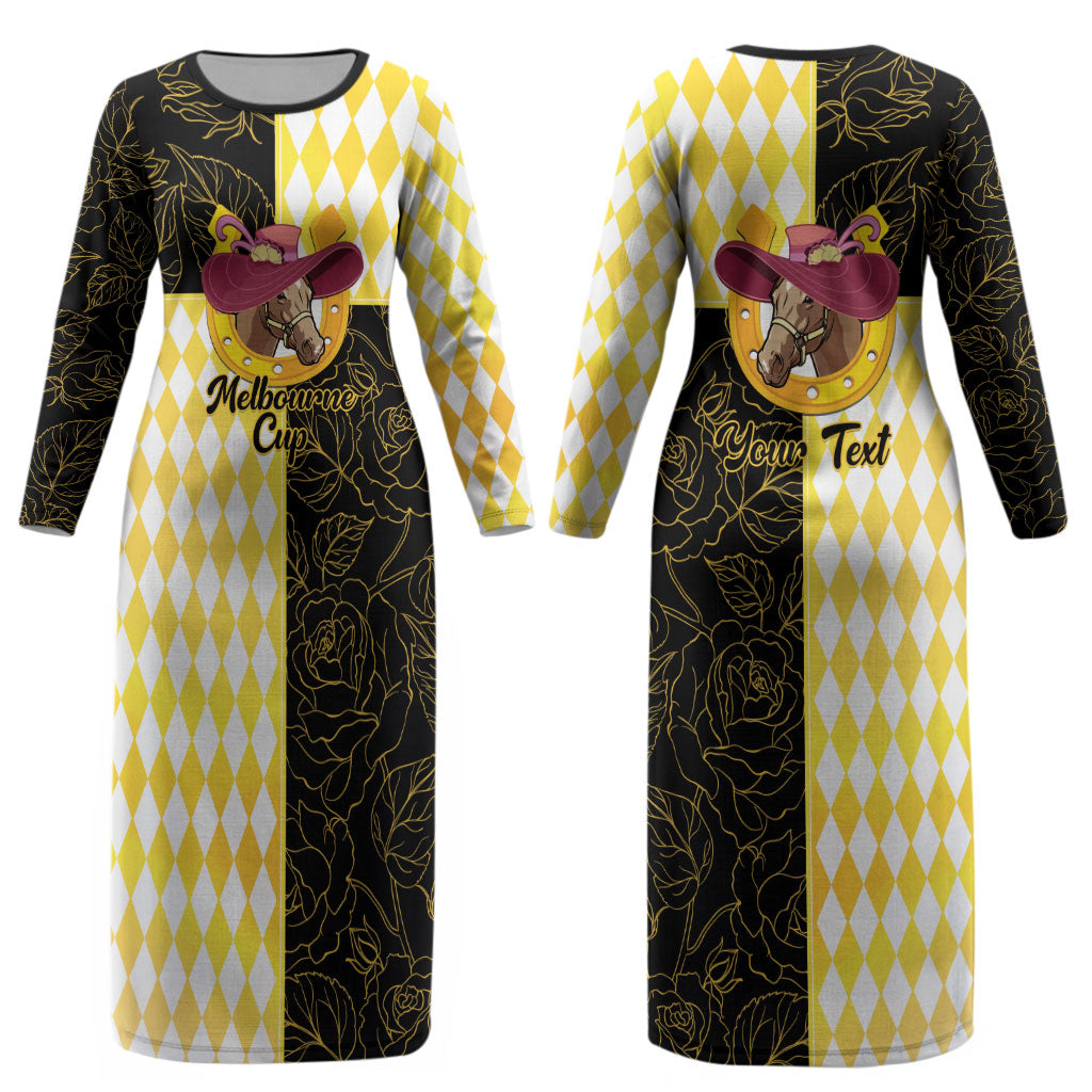 Personalised Melbourne Cup Australia Couples Matching Long Sleeve Bodycon Dress and Hawaiian Shirt Diamond Horse Racing Silks Inspired Yellow