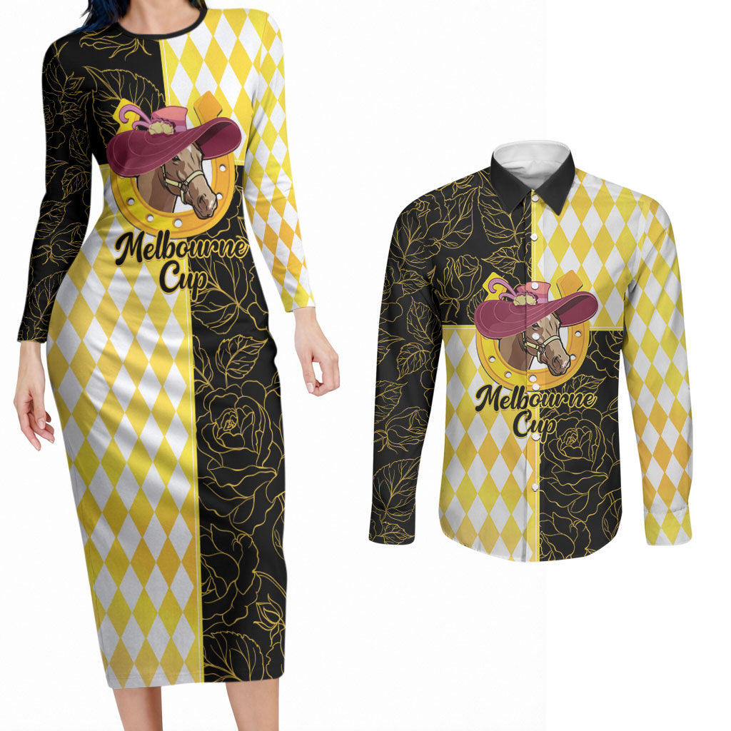 Personalised Melbourne Cup Australia Couples Matching Long Sleeve Bodycon Dress and Long Sleeve Button Shirt Diamond Horse Racing Silks Inspired Yellow