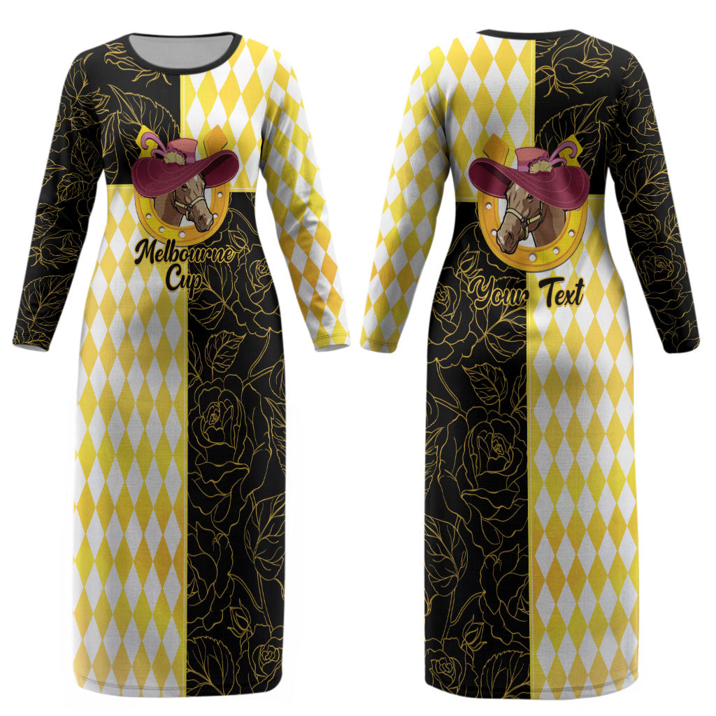 Personalised Melbourne Cup Australia Couples Matching Long Sleeve Bodycon Dress and Long Sleeve Button Shirt Diamond Horse Racing Silks Inspired Yellow