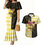 Personalised Melbourne Cup Australia Couples Matching Mermaid Dress and Hawaiian Shirt Diamond Horse Racing Silks Inspired Yellow