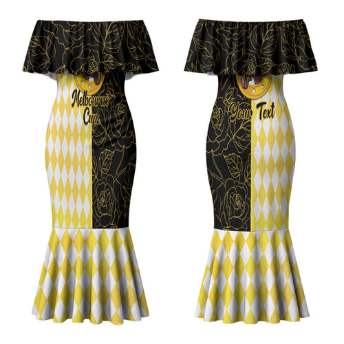 Personalised Melbourne Cup Australia Couples Matching Mermaid Dress and Hawaiian Shirt Diamond Horse Racing Silks Inspired Yellow