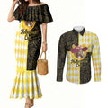 Personalised Melbourne Cup Australia Couples Matching Mermaid Dress and Long Sleeve Button Shirt Diamond Horse Racing Silks Inspired Yellow