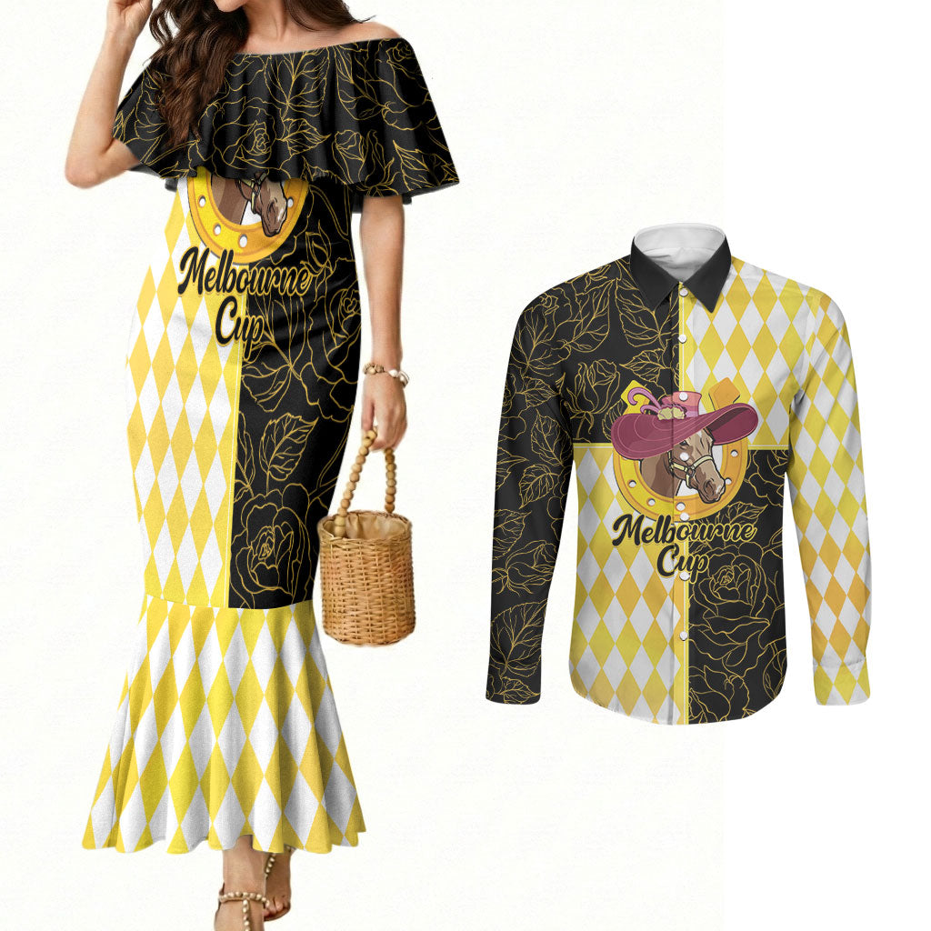 Personalised Melbourne Cup Australia Couples Matching Mermaid Dress and Long Sleeve Button Shirt Diamond Horse Racing Silks Inspired Yellow