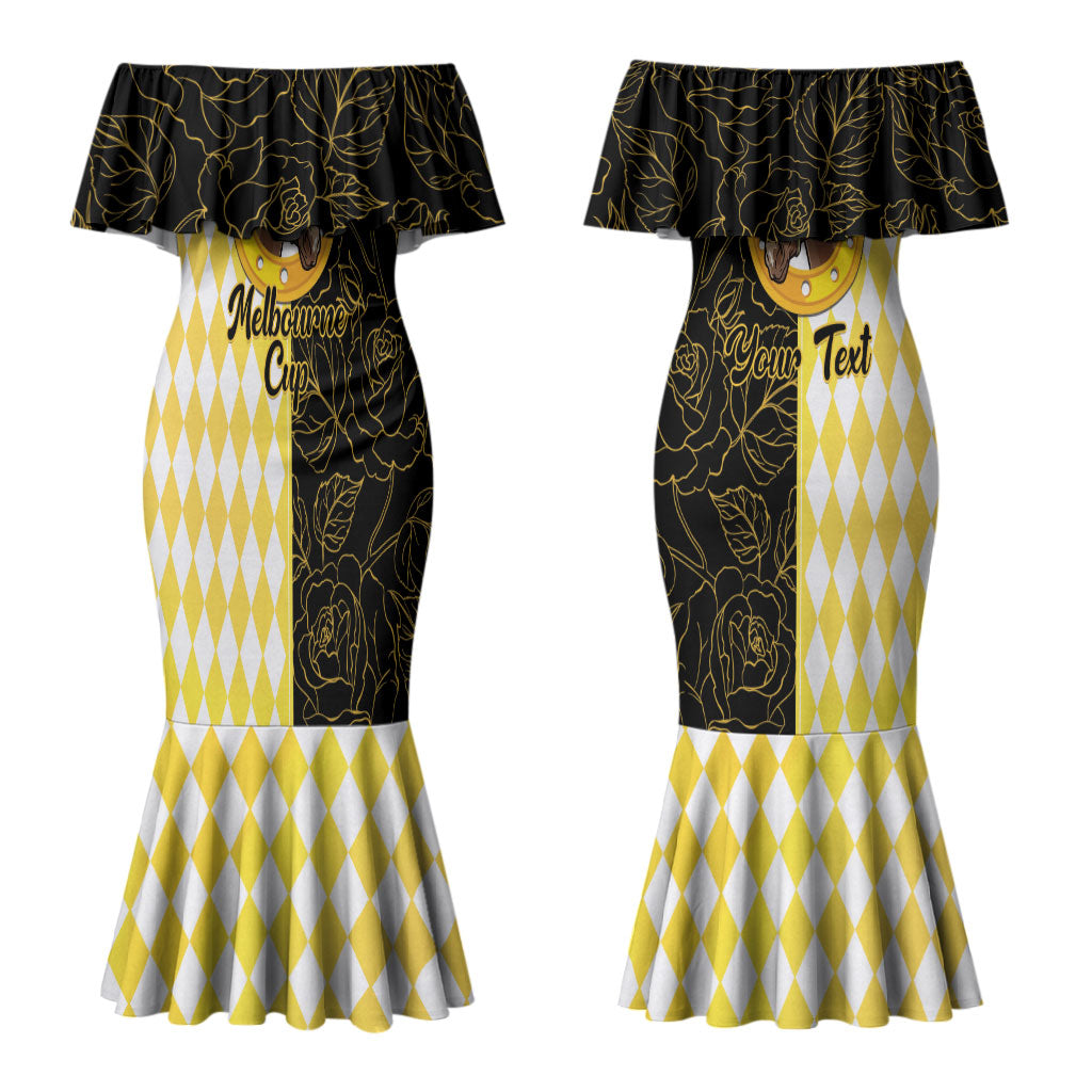 Personalised Melbourne Cup Australia Couples Matching Mermaid Dress and Long Sleeve Button Shirt Diamond Horse Racing Silks Inspired Yellow
