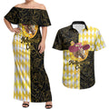 Personalised Melbourne Cup Australia Couples Matching Off Shoulder Maxi Dress and Hawaiian Shirt Diamond Horse Racing Silks Inspired Yellow