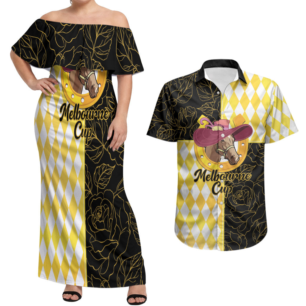 Personalised Melbourne Cup Australia Couples Matching Off Shoulder Maxi Dress and Hawaiian Shirt Diamond Horse Racing Silks Inspired Yellow