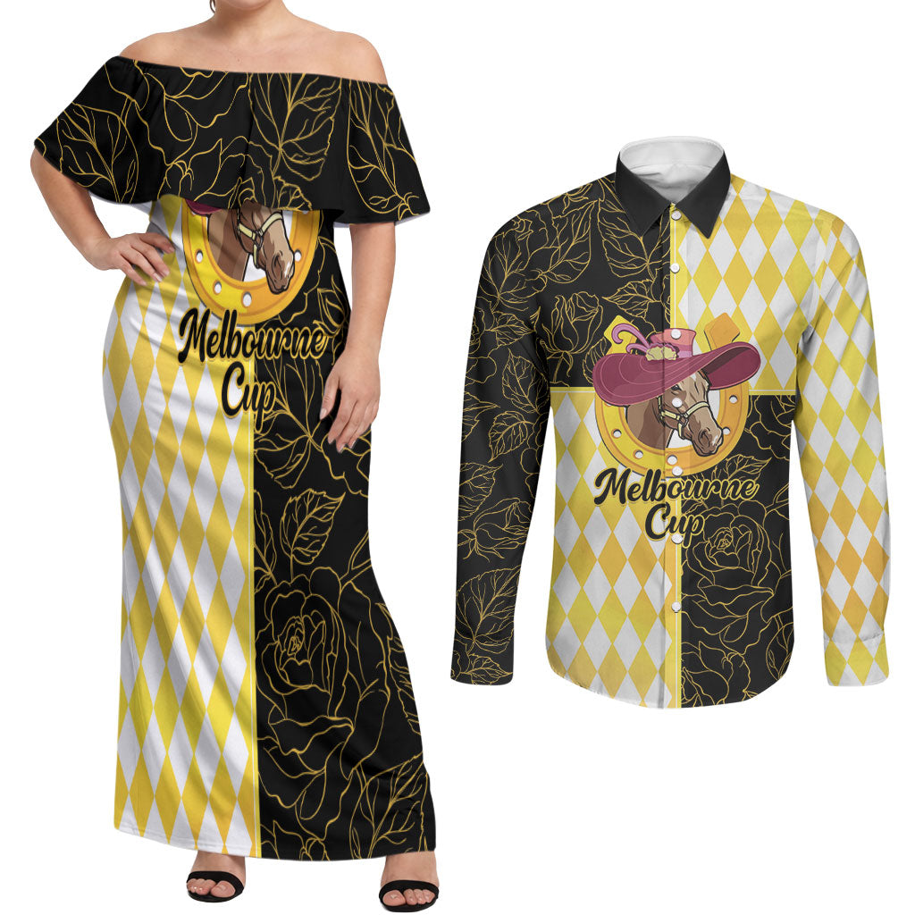 Personalised Melbourne Cup Australia Couples Matching Off Shoulder Maxi Dress and Long Sleeve Button Shirt Diamond Horse Racing Silks Inspired Yellow