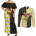 Personalised Melbourne Cup Australia Couples Matching Off Shoulder Maxi Dress and Long Sleeve Button Shirt Diamond Horse Racing Silks Inspired Yellow