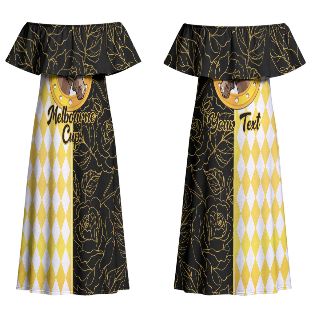 Personalised Melbourne Cup Australia Couples Matching Off Shoulder Maxi Dress and Long Sleeve Button Shirt Diamond Horse Racing Silks Inspired Yellow