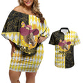 Personalised Melbourne Cup Australia Couples Matching Off Shoulder Short Dress and Hawaiian Shirt Diamond Horse Racing Silks Inspired Yellow
