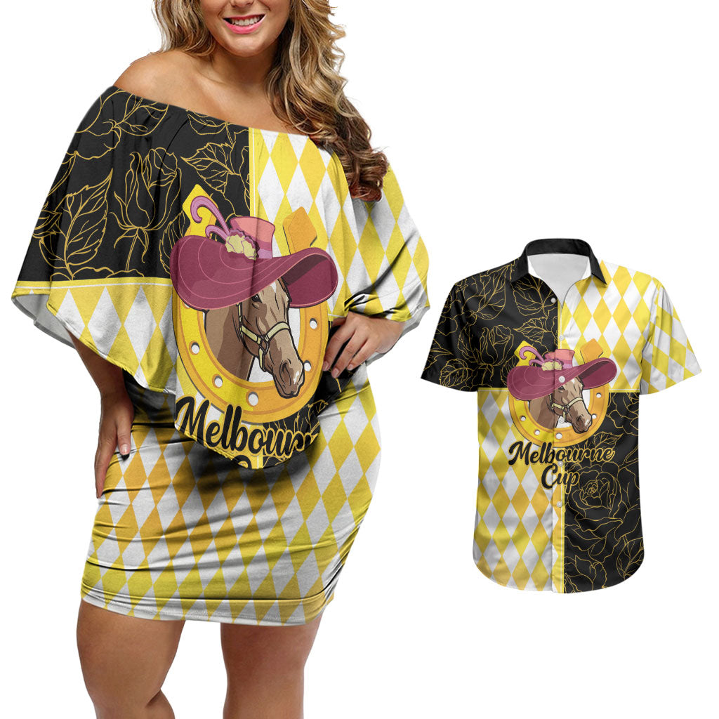 Personalised Melbourne Cup Australia Couples Matching Off Shoulder Short Dress and Hawaiian Shirt Diamond Horse Racing Silks Inspired Yellow