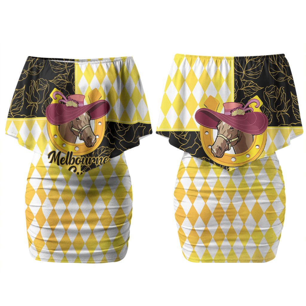 Personalised Melbourne Cup Australia Couples Matching Off Shoulder Short Dress and Hawaiian Shirt Diamond Horse Racing Silks Inspired Yellow