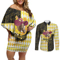 Personalised Melbourne Cup Australia Couples Matching Off Shoulder Short Dress and Long Sleeve Button Shirt Diamond Horse Racing Silks Inspired Yellow