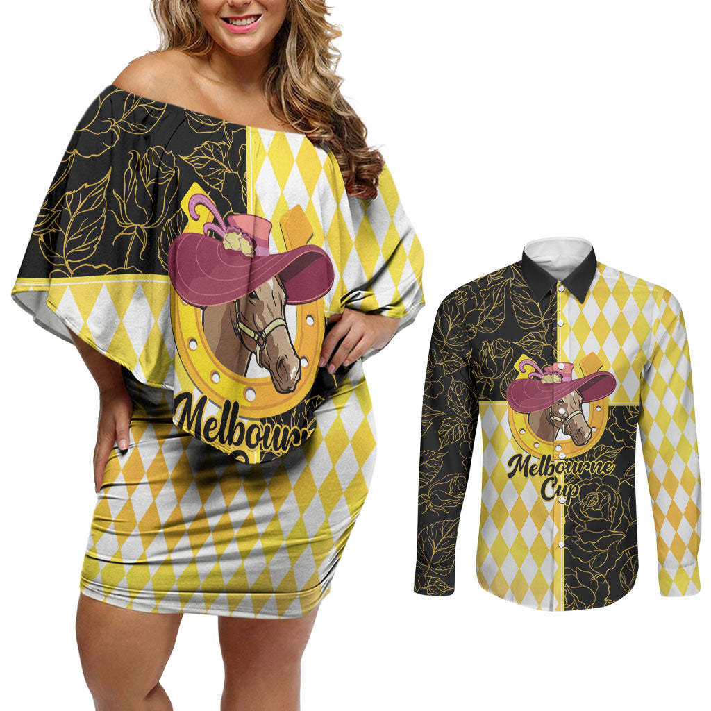Personalised Melbourne Cup Australia Couples Matching Off Shoulder Short Dress and Long Sleeve Button Shirt Diamond Horse Racing Silks Inspired Yellow