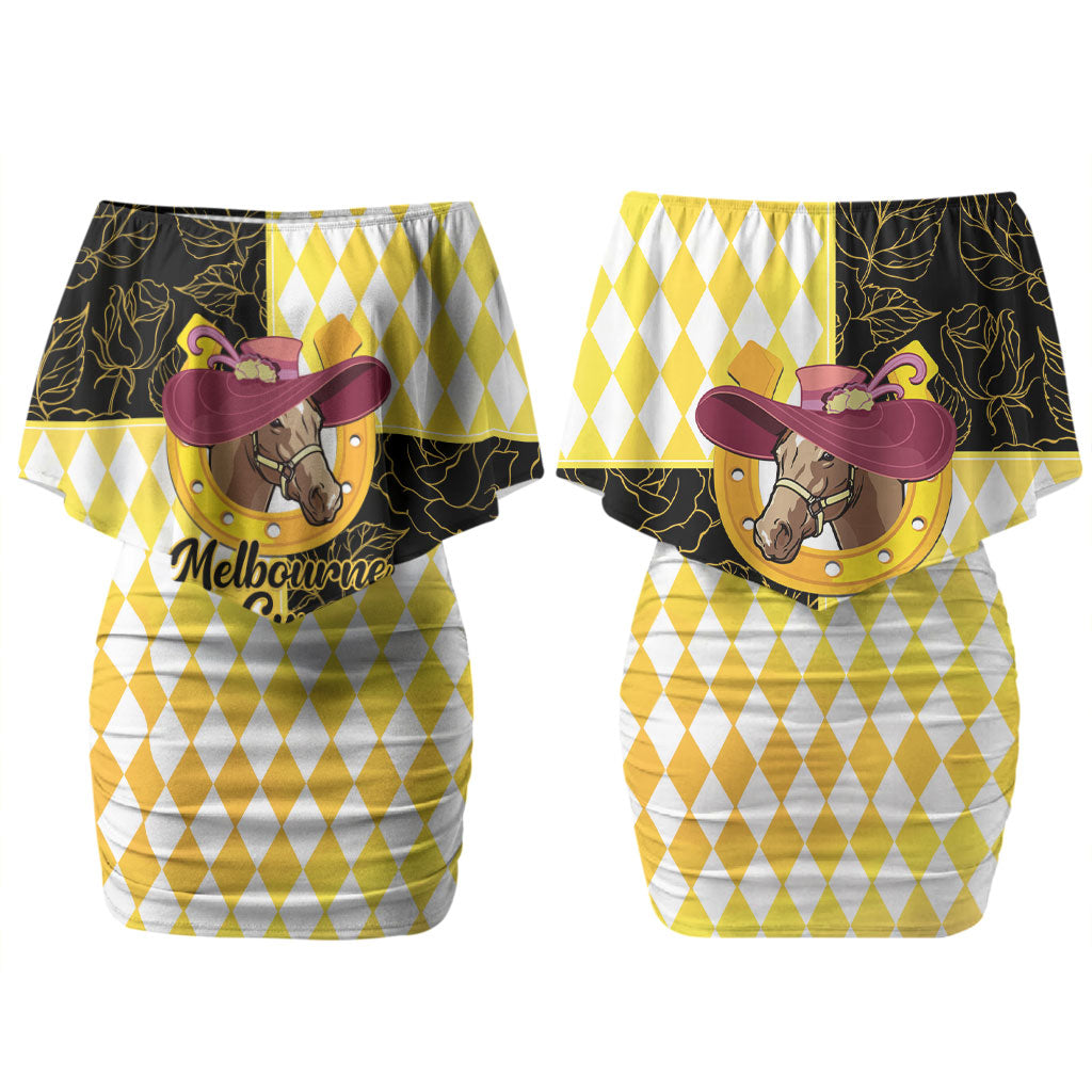Personalised Melbourne Cup Australia Couples Matching Off Shoulder Short Dress and Long Sleeve Button Shirt Diamond Horse Racing Silks Inspired Yellow