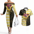 Personalised Melbourne Cup Australia Couples Matching Off The Shoulder Long Sleeve Dress and Hawaiian Shirt Diamond Horse Racing Silks Inspired Yellow