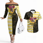 Personalised Melbourne Cup Australia Couples Matching Off The Shoulder Long Sleeve Dress and Hawaiian Shirt Diamond Horse Racing Silks Inspired Yellow