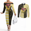 Personalised Melbourne Cup Australia Couples Matching Off The Shoulder Long Sleeve Dress and Long Sleeve Button Shirt Diamond Horse Racing Silks Inspired Yellow