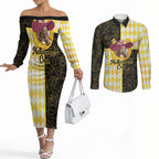 Personalised Melbourne Cup Australia Couples Matching Off The Shoulder Long Sleeve Dress and Long Sleeve Button Shirt Diamond Horse Racing Silks Inspired Yellow