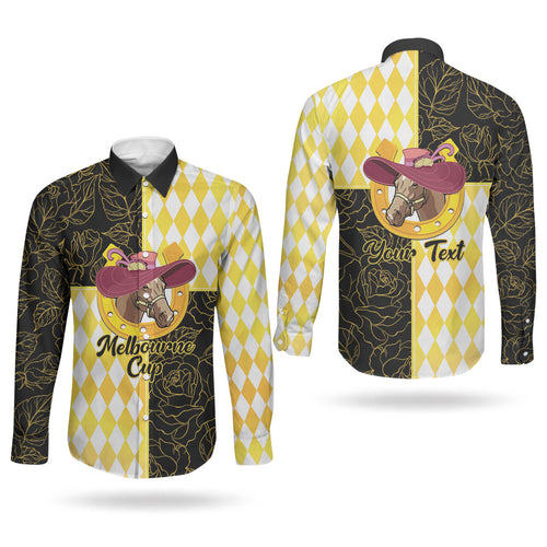 Personalised Melbourne Cup Australia Couples Matching Off The Shoulder Long Sleeve Dress and Long Sleeve Button Shirt Diamond Horse Racing Silks Inspired Yellow