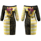 Personalised Melbourne Cup Australia Couples Matching Off The Shoulder Long Sleeve Dress and Long Sleeve Button Shirt Diamond Horse Racing Silks Inspired Yellow