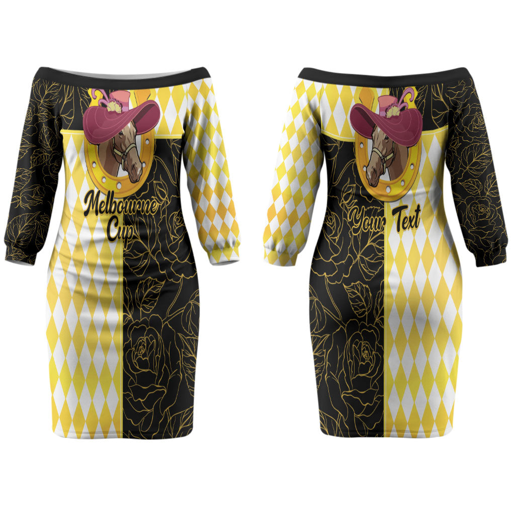 Personalised Melbourne Cup Australia Couples Matching Off The Shoulder Long Sleeve Dress and Long Sleeve Button Shirt Diamond Horse Racing Silks Inspired Yellow