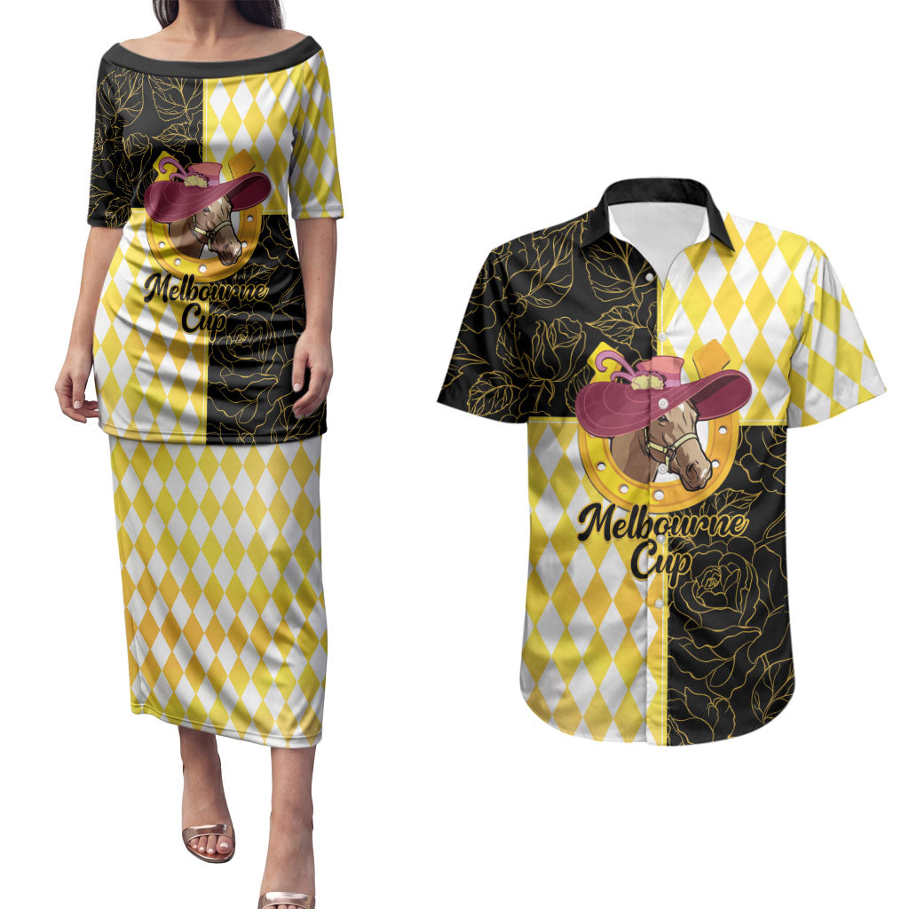 Personalised Melbourne Cup Australia Couples Matching Puletasi and Hawaiian Shirt Diamond Horse Racing Silks Inspired Yellow