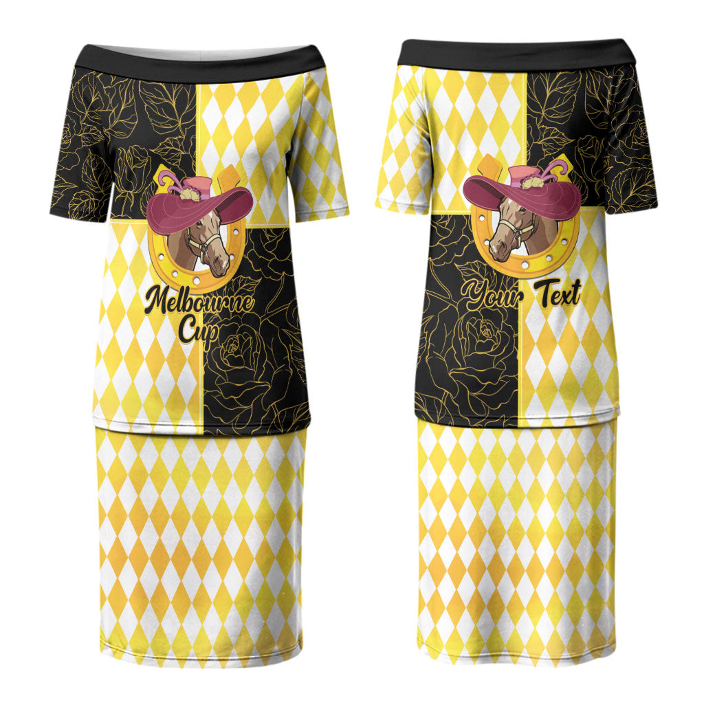 Personalised Melbourne Cup Australia Couples Matching Puletasi and Hawaiian Shirt Diamond Horse Racing Silks Inspired Yellow