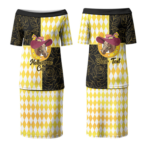 Personalised Melbourne Cup Australia Couples Matching Puletasi and Hawaiian Shirt Diamond Horse Racing Silks Inspired Yellow