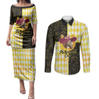 Personalised Melbourne Cup Australia Couples Matching Puletasi and Long Sleeve Button Shirt Diamond Horse Racing Silks Inspired Yellow