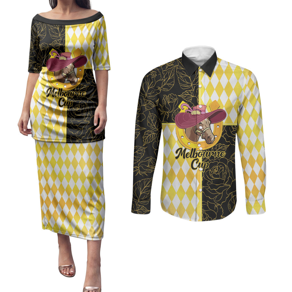 Personalised Melbourne Cup Australia Couples Matching Puletasi and Long Sleeve Button Shirt Diamond Horse Racing Silks Inspired Yellow