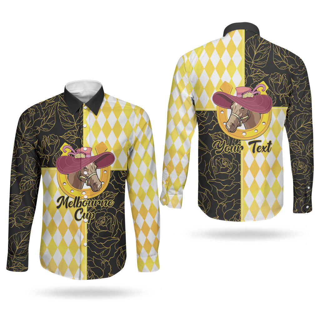 Personalised Melbourne Cup Australia Couples Matching Puletasi and Long Sleeve Button Shirt Diamond Horse Racing Silks Inspired Yellow
