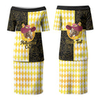 Personalised Melbourne Cup Australia Couples Matching Puletasi and Long Sleeve Button Shirt Diamond Horse Racing Silks Inspired Yellow