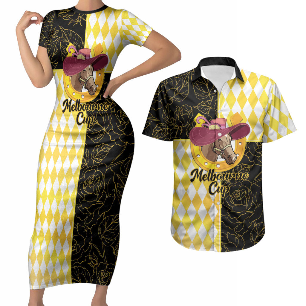 Personalised Melbourne Cup Australia Couples Matching Short Sleeve Bodycon Dress and Hawaiian Shirt Diamond Horse Racing Silks Inspired Yellow