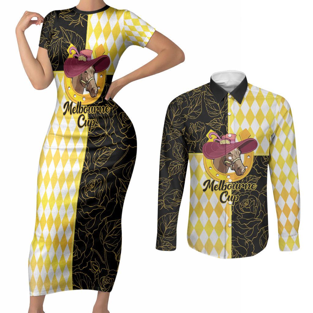 Personalised Melbourne Cup Australia Couples Matching Short Sleeve Bodycon Dress and Long Sleeve Button Shirt Diamond Horse Racing Silks Inspired Yellow