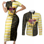 Personalised Melbourne Cup Australia Couples Matching Short Sleeve Bodycon Dress and Long Sleeve Button Shirt Diamond Horse Racing Silks Inspired Yellow